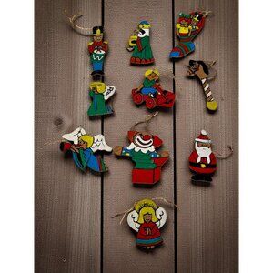Vintage Hand-Painted Wooden Christmas Ornaments Set Of 10 Holiday Decor Angels S